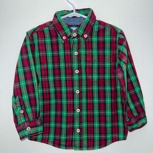 2T J. Khaki Red and Green Plaid Button Down Shirt